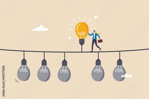 Difference idea innovation, discover opportunity to success, creativity or passion to improve career, wisdom or smart discovery concept, businessman discover bright lightbulb from difference others.
