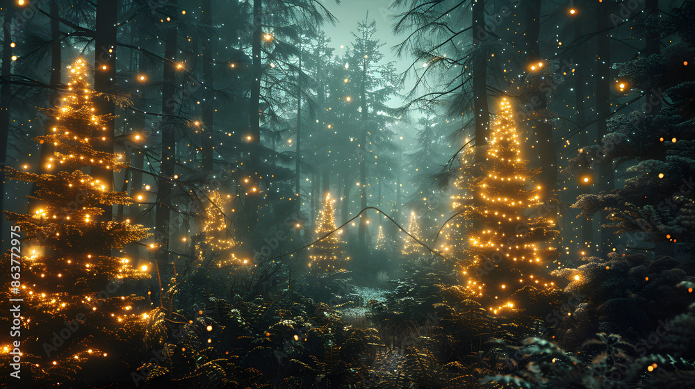 A mystical forest illuminated by golden twinkling lights on trees, creating an enchanting and serene atmosphere perfect for holiday and fantasy themes. A mystical forest illuminated by golden twinkling lights on trees, creating an enchanting and serene atmosphere perfect for holiday and fantasy themes.