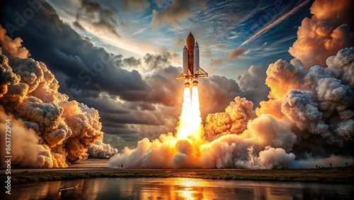 A dramatic image of a burning rocket launching into the sky , space, spaceship, exploration, launch, flames, blast, smoke photo