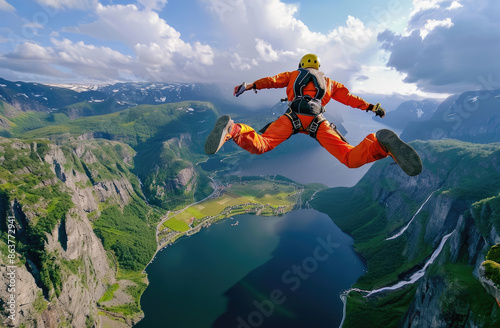 A man was bungee jumping from a pulpit in Norway, with a lake below and green mountains in the background.