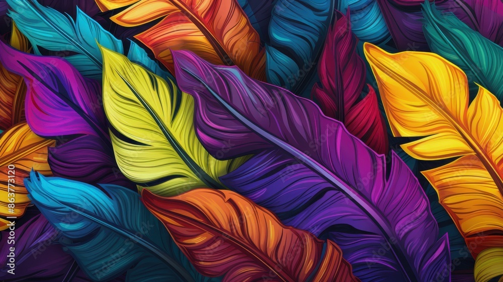 Vibrant illustration of tropical banana leaves on a white background.
