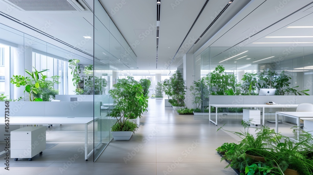 An expansive open-plan office space with glass walls, minimalist white desks, and vibrant green plants adding a touch of nature An expansive open-plan office space with glass walls, minimalist white desks, and vibrant green plants adding a touch of nature