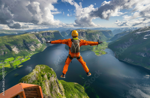 A man was bungee jumping from a pulpit in Norway, with a lake below and green mountains in the background.