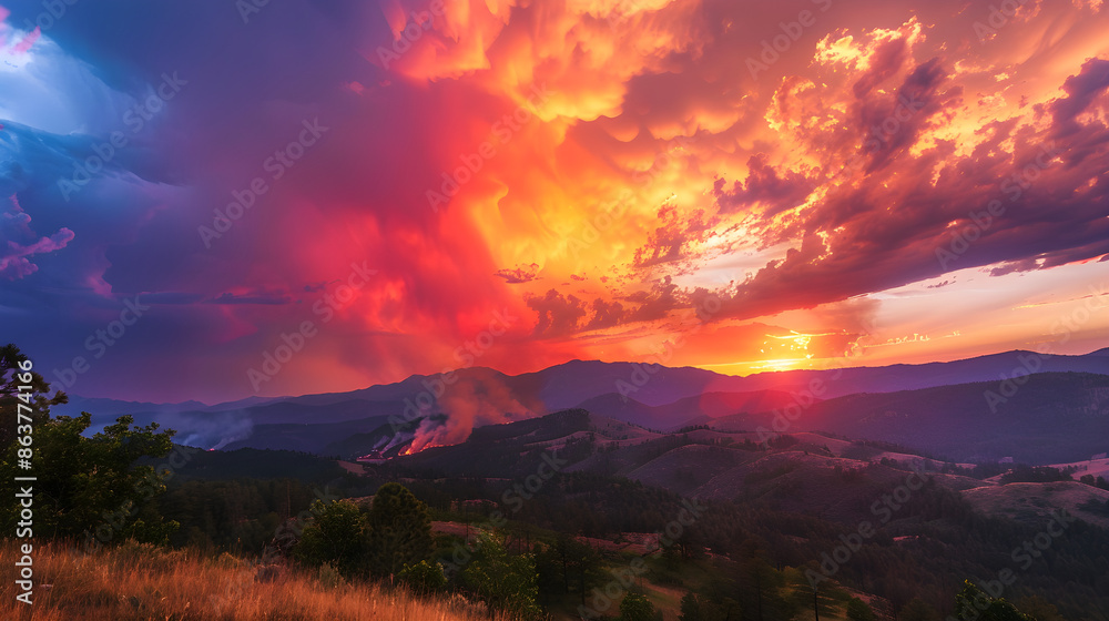 Fiery sunset sky caused by large wildfire, smoke filling the air in vibrant colors. Fiery sunset sky caused by large wildfire, smoke filling the air in vibrant colors.