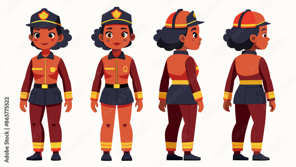 Professional Black Female Firefighter Character in Multiple Poses: Front, Side, Back
