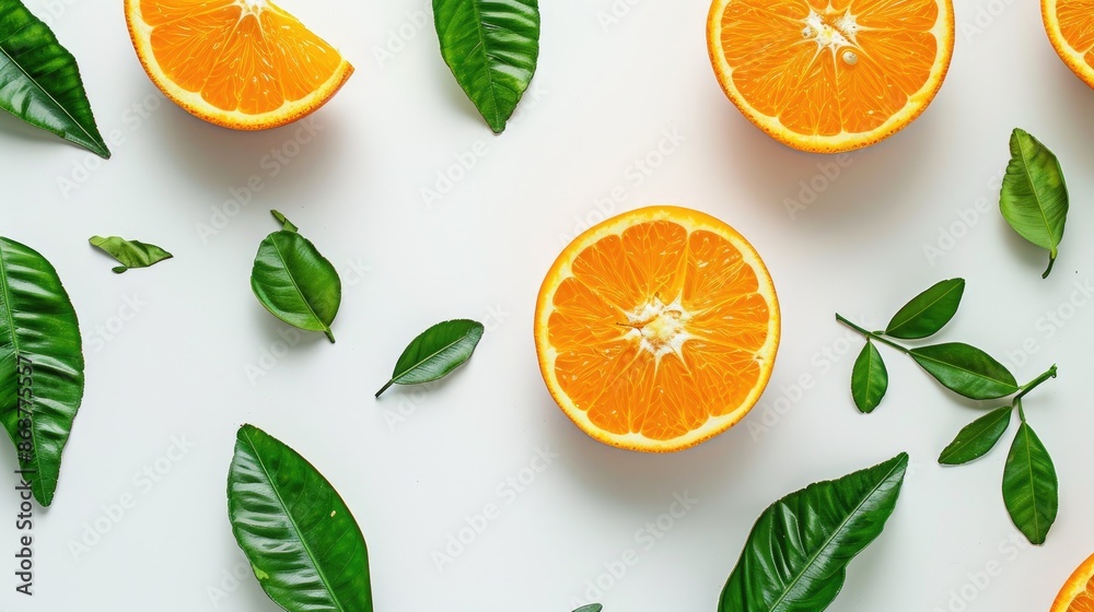 High quality photo of a slice and a half of orange with green leaves on a white background High quality photo of a slice and a half of orange with green leaves on a white background