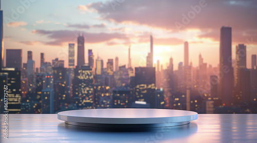 A circular platform sits in front of a city skyline at sunset. The platform is perfect for displaying products or showcasing designs. photo