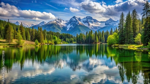 Soothing landscape background of a serene lake surrounded by lush green trees and snow-capped mountains in the distance
