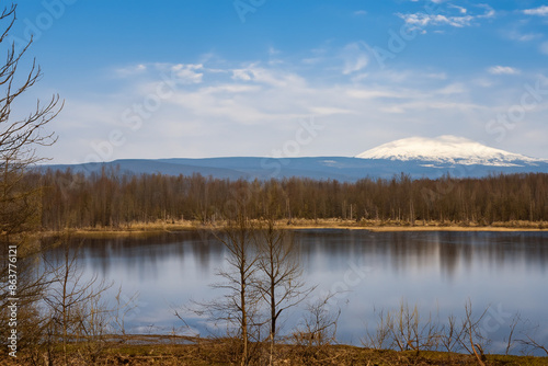 spring landscape with lake and mountain