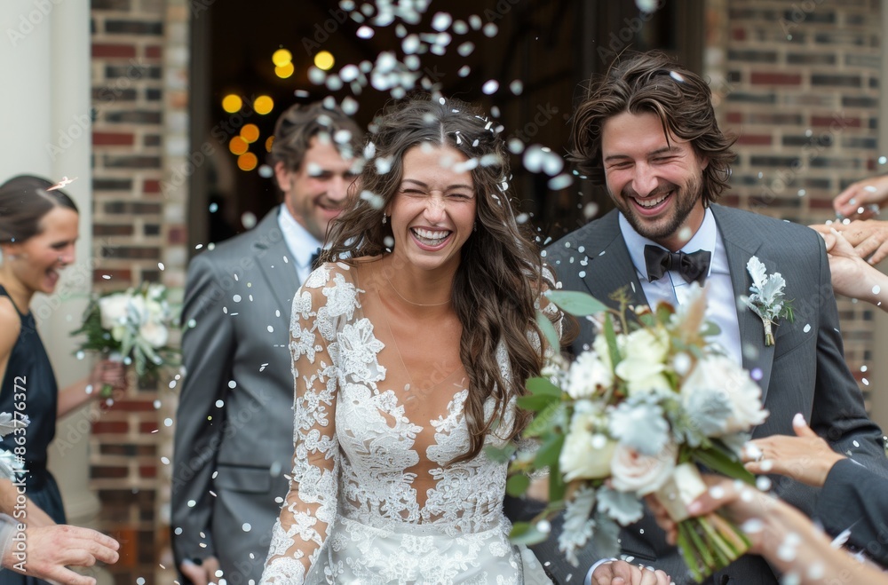 Φωτογραφία Bride and Groom Exiting Church Ceremony With Confetti Shower