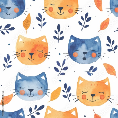 Cute Cat Faces and Leaves Seamless Pattern. Adorable Feline Watercolor Illustration for Kids, Babies, and Pet Lovers