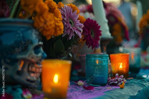 Colorful Candles and Skull Decorated Altar for Dia De Los Muertos photo