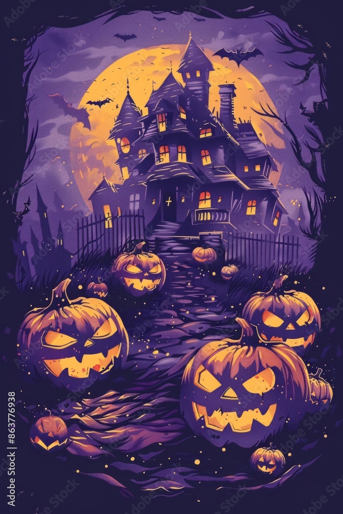 Fototapeta premium Graphic t-shirt design style halloween haunted house. Pumpkin heads. Purple background