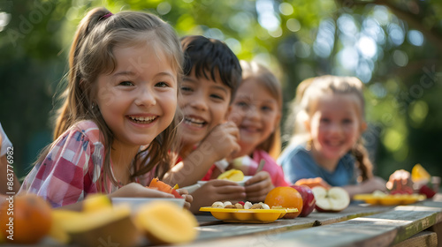 A group of joyful children sitting at a picnic table, enjoying healthy snacks outdoors on a sunny day. Ideal for themes of health, nutrition, childhood, and fun.