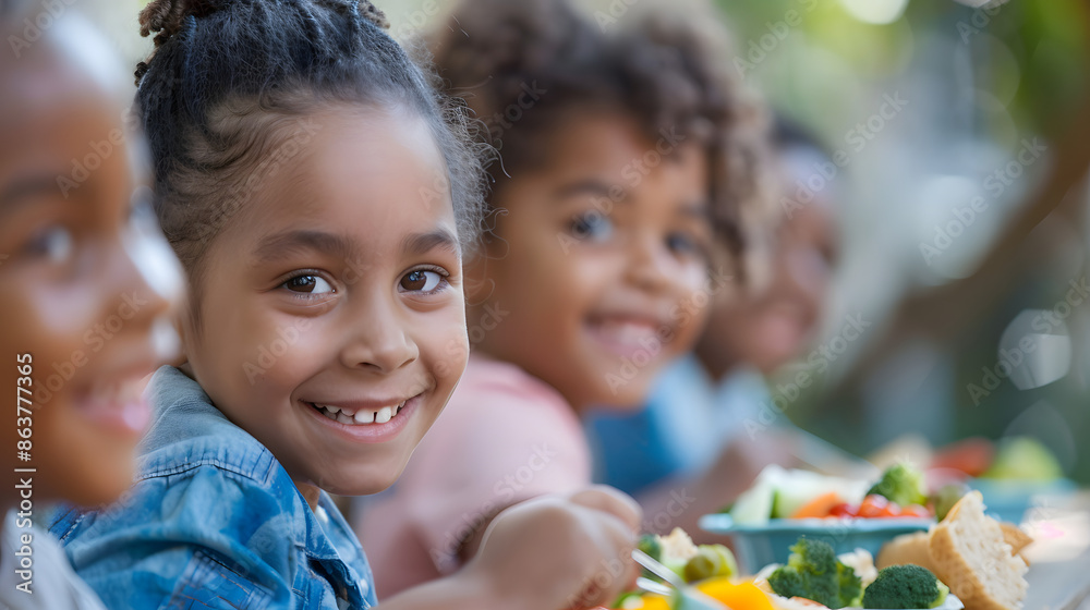 A diverse group of happy children enjoying healthy meals together at an outdoor picnic table. Ideal for themes of friendship, childhood, nutrition, and fun.