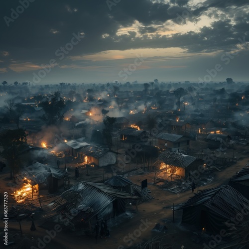 A devastated village with burnt homes and displaced people fleeing, highlighting the horrors of ongoing genocides in Sudan and Ethiopia.