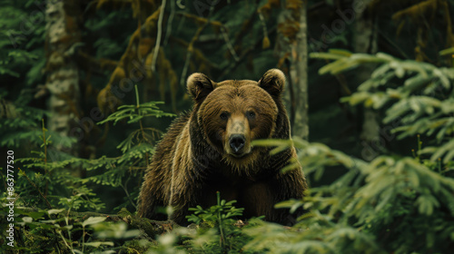 Majestic brown bear in dense green forest, staring directly at the camera, surrounded by lush foliage