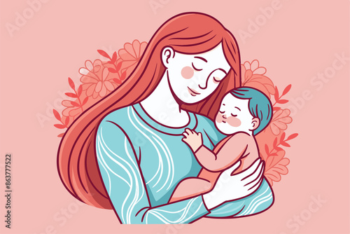 Mother and baby line art. Mom hugs child. Motherhood and newborn concept. Happy mother line vector illustration. Parent loving kid, happy mother day design for card