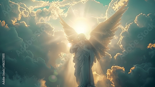 Guardian angel in the clouds of heaven. Spiritual background. Archangel. Heavenly angelic spirit with wings. White angel. Belief. Afterlife. Spiritual Angel. Blessing. Sky clouds with bright light ray