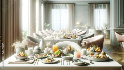 Elegant dining room with beautifully set tables, delicious gourmet dishes, and soft natural lighting perfect for fine dining experiences.