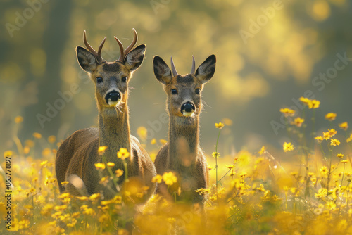 Two roe deer, a male and female, standing in a green field with yellow flowers. photo