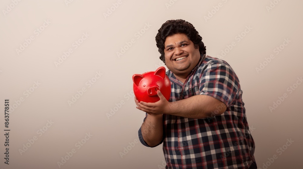 An overweight Indian man smiling while holding up his red piggy bank to the camera An overweight Indian man smiling while holding up his red piggy bank to the camera