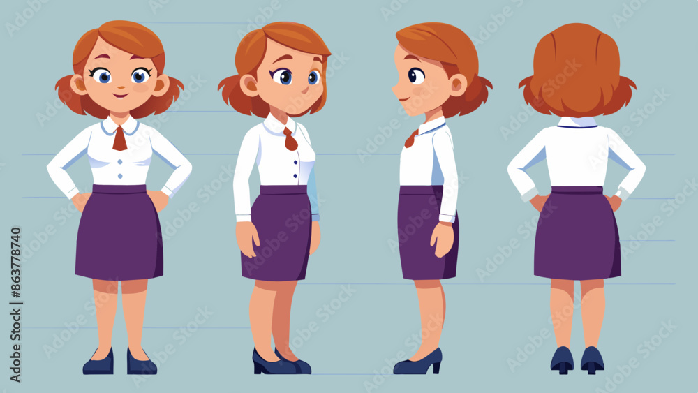 Professional Female Teacher Character in Multiple Poses: Front, Side, Back
Professional Female Teacher Character in Multiple Poses: Front, Side, Back