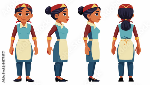 Professional Indian Waitress Character in Multiple Poses: Front, Side, Back 