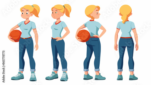 Female Soccer Player Character in Multiple Poses: Front, Side, Back 