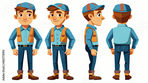 Delivery Boy Character Vector Set In Multiple poses : Side, Front, Back 