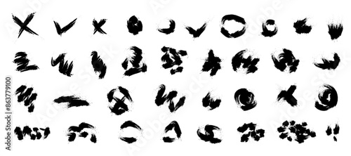 Paint Brush Element Set. Black ink abstract grunge messy shapes. (Full Vector)