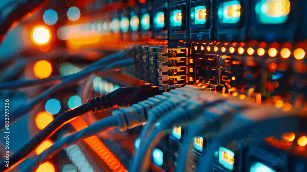 A close-up view of a network hub, with cables connecting and transmitting data, showcasing the intricate network infrastructure within a modern data center A close-up view of a network hub, with cables connecting and transmitting data, showcasing the intricate network infrastructure within a modern data center