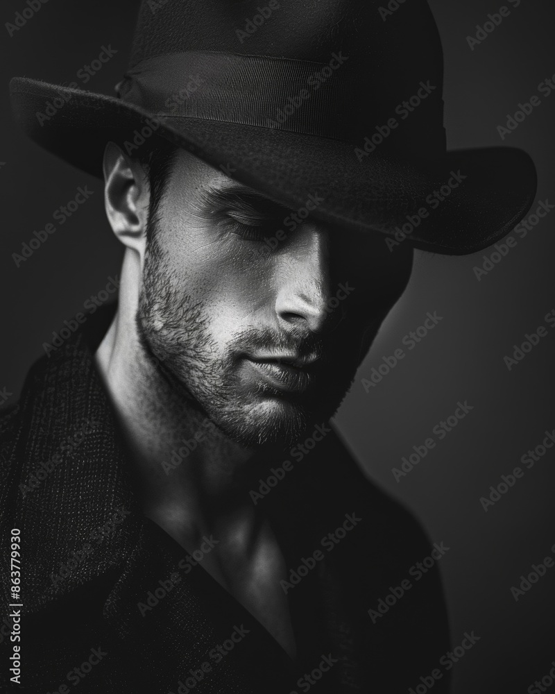 Stylish black and white glamour portrait of a man in a fedora hat, exuding sophistication and classic charm Stylish black and white glamour portrait of a man in a fedora hat, exuding sophistication and classic charm