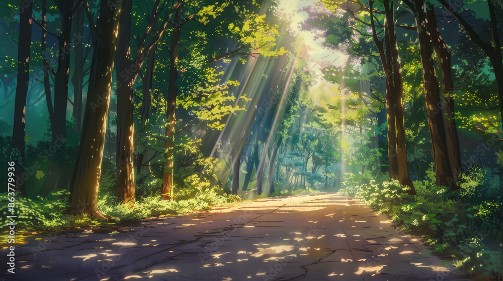 Obraz premium Sunlight streaming through lush forest canopy onto a tranquil forest path lofi anime style