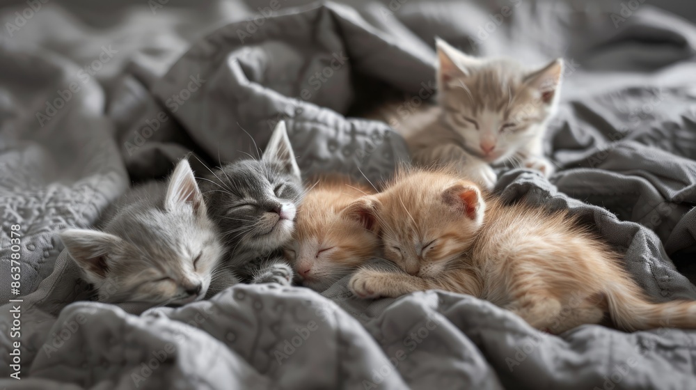 Cute kittens sleep on a soft blanket. Cats are resting, dozing on the bed. Pets sleep in a cozy house. Cute kittens sleep on a soft blanket. Cats are resting, dozing on the bed. Pets sleep in a cozy house.