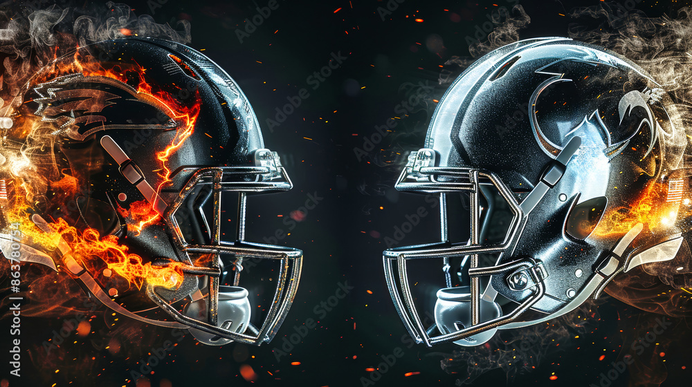 A close-up image showcasing two football helmets, engulfed in flames, facing each other in a dramatic and intense display of competition A close-up image showcasing two football helmets, engulfed in flames, facing each other in a dramatic and intense display of competition