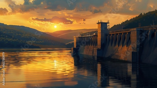 A hydropower plant at sunset, with the golden light reflecting off the reservoir, emphasizing hydropower efficiency and sustainable energy, digital painting, warm tones, tranquil setting