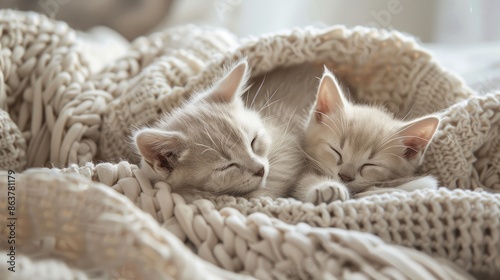 Cute kittens sleep on a soft blanket. Cats are resting, dozing on the bed. Pets sleep in a cozy house. © Cherkasova Alie