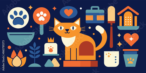 Cartoon of an orange cat with pet icons and art elements in a frame. A cartoon illustration featuring an orange cat surrounded by various pet icons and a decorative font in a rectangular frame