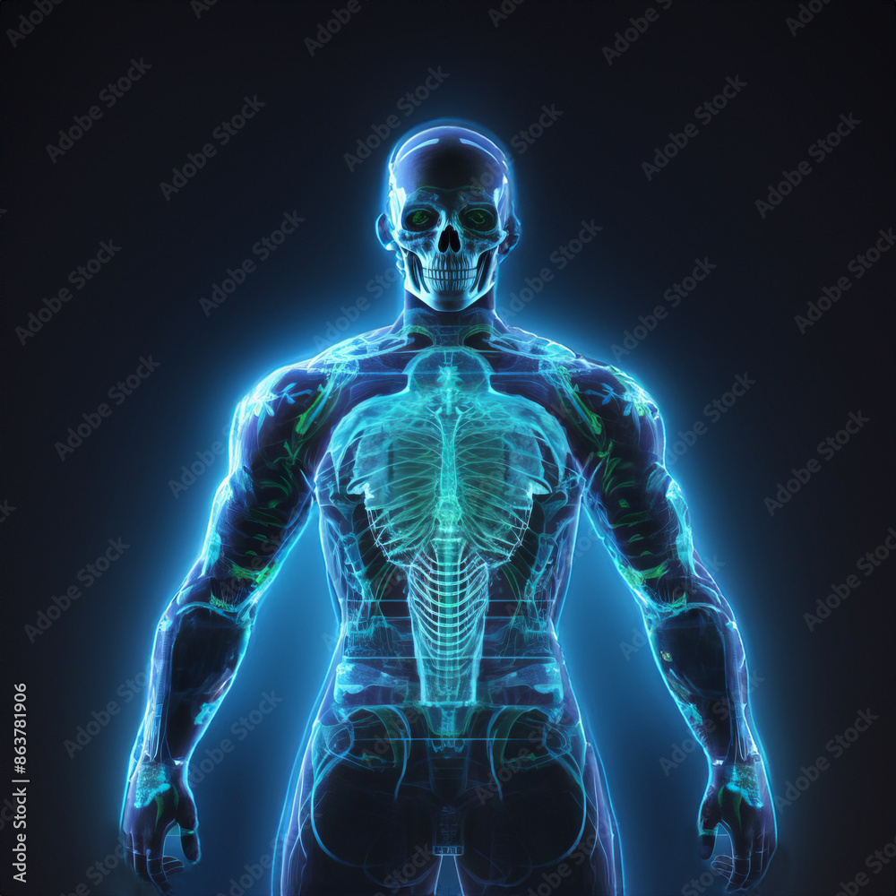 Digital of human anatomy with glowing bones and muscles, showcasing skeletal and muscular structure on black background. Digital of human anatomy with glowing bones and muscles, showcasing skeletal and muscular structure on black background.