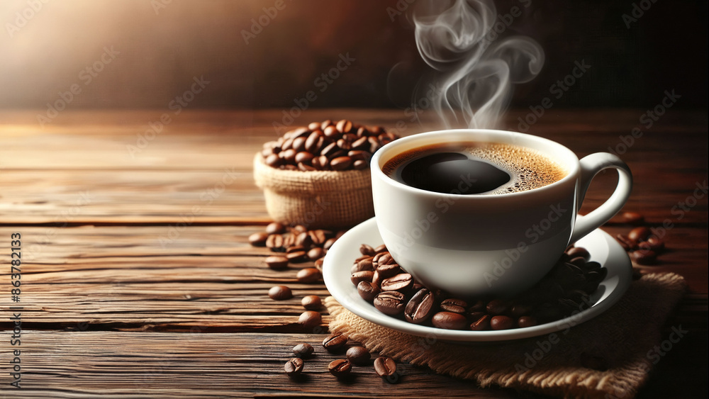 Cup of coffee with steam and coffee beans on wooden background Cup of coffee with steam and coffee beans on wooden background