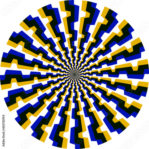 Optical illusion of moving circle with blue and yellow stripes. Circular pattern for exciting background design.