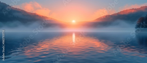 Spectacular sunrise over a mistcovered lake