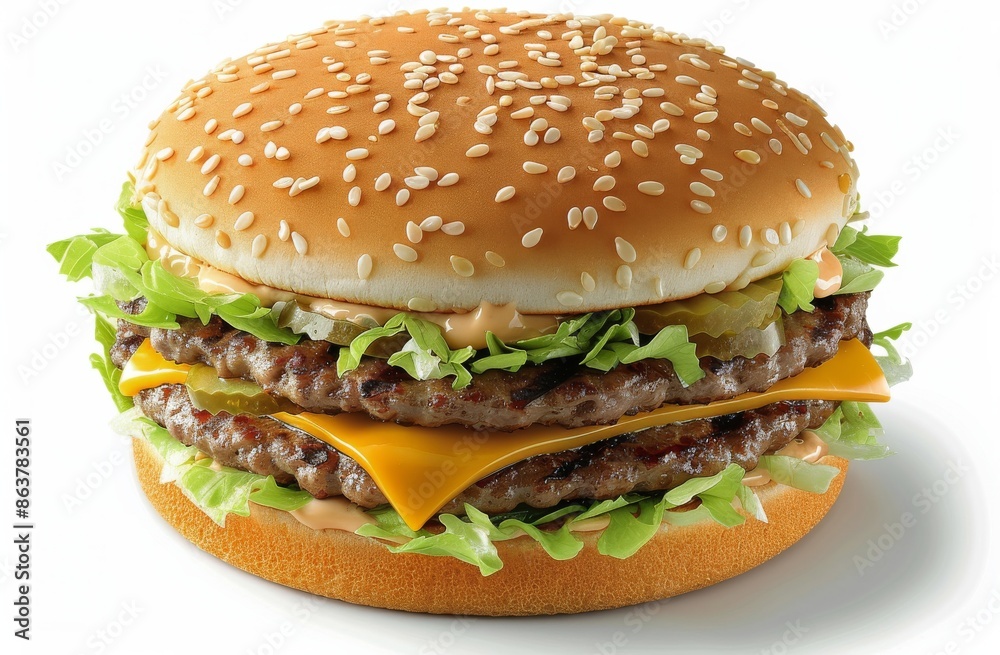 Double Cheeseburger With Lettuce, Pickles, and Sesame Seed Bun Double Cheeseburger With Lettuce, Pickles, and Sesame Seed Bun