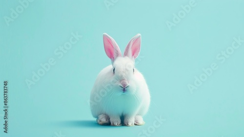 Cute white rabbit sitting and looking at the camera on light blue background © Alpa