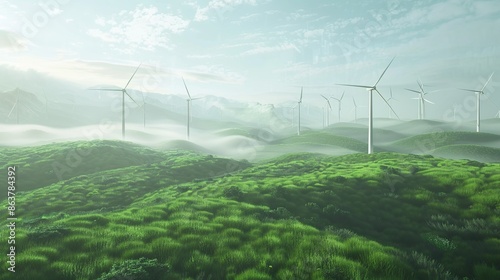 The wind turbine field is in beautiful green hills with clear, cloudy skies. Concept of renewable energy, green energy and ecology