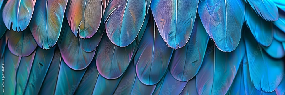 Obraz premium Blue Color Feathers Background, Rainbow Tint Colored Plumage, Scaly Wings Texture, Copy Space