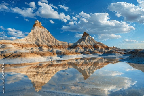 The majestic badlands of the Alh (with chalky brown and beige colours like orange or yellow sandy lines against a deep blue sky with clouds reflected in still water below, in the photo realistic, hype photo