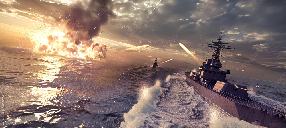 Fototapeta premium A warship cuts through turbulent waves as an explosion erupts behind it, illuminating the sky with a fiery glow