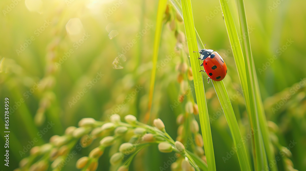 Obraz premium a lady bug on a green paddy plant in the paddy field in the morning